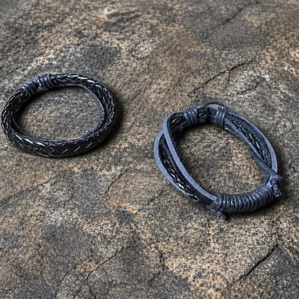 2Pcs Black Leather Cord Braided Couples Friendship Bracelets Set Gift NEW
